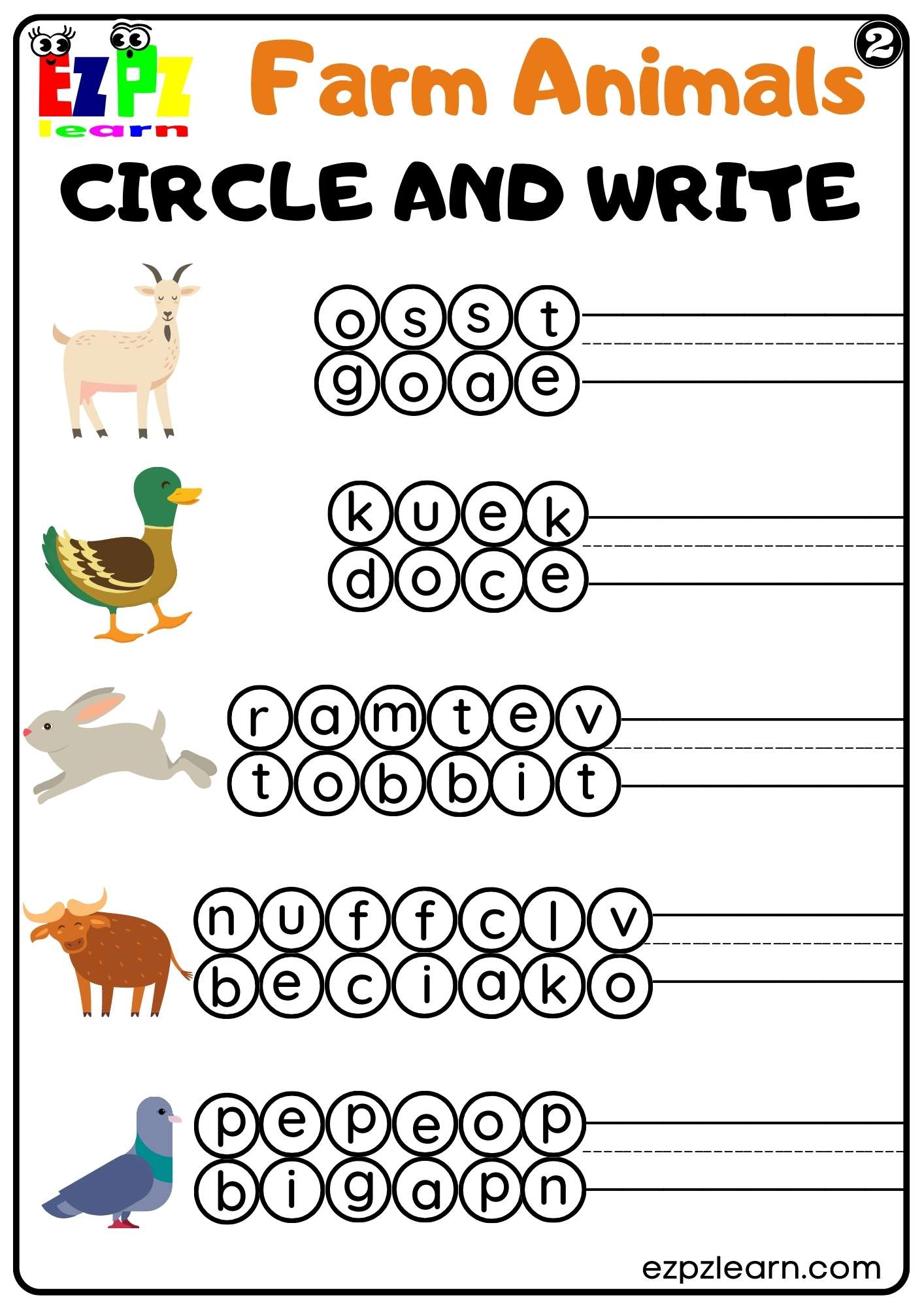 Farm Animals Circle and Write Worksheet for Kindergarten or ESL Students Free PDF Download set 2